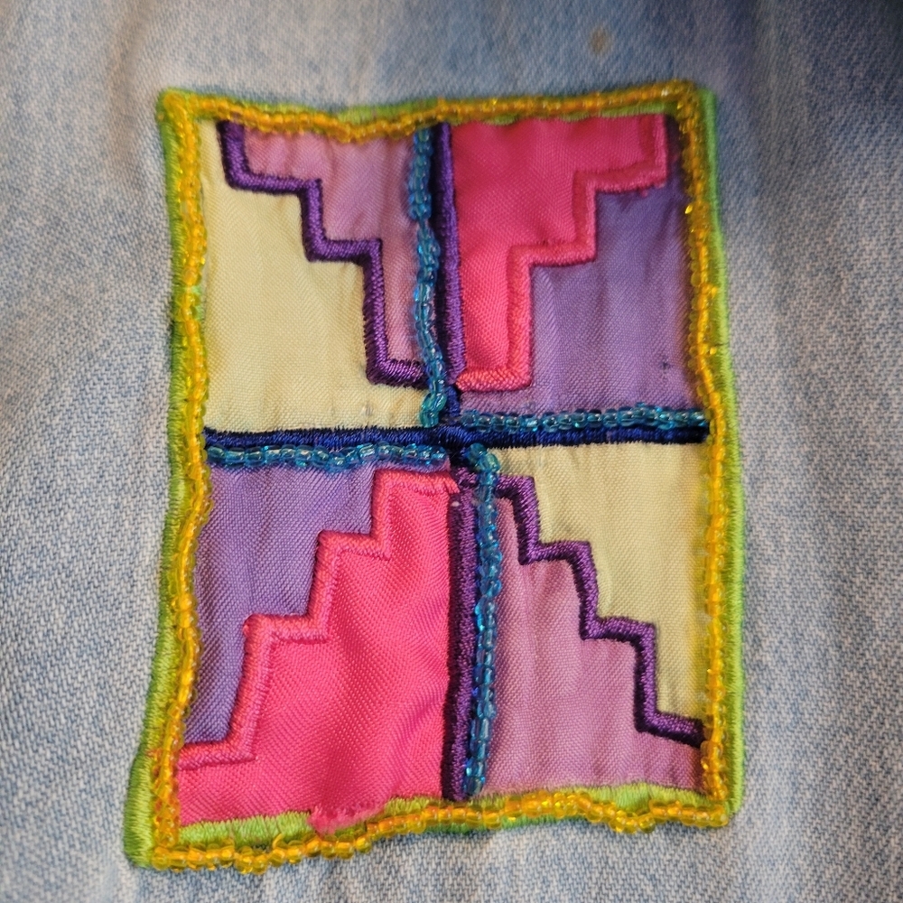 Vintage 90s Patchwork Denim Shirt Large Beaded Boho Art Teacher Chic - Picture 8 of 12